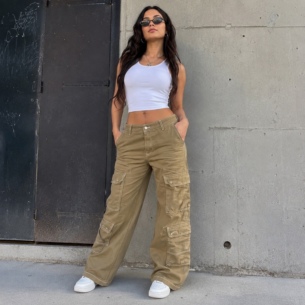H&M Divided Pants Women 10 Khaki Tan Wide Leg Cargo Utility High Rise Cotton Y2K